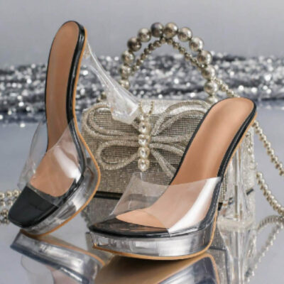 Sandali nero/rosa con Tacco15cm a Clessidra e Punta Quadrata taglia42